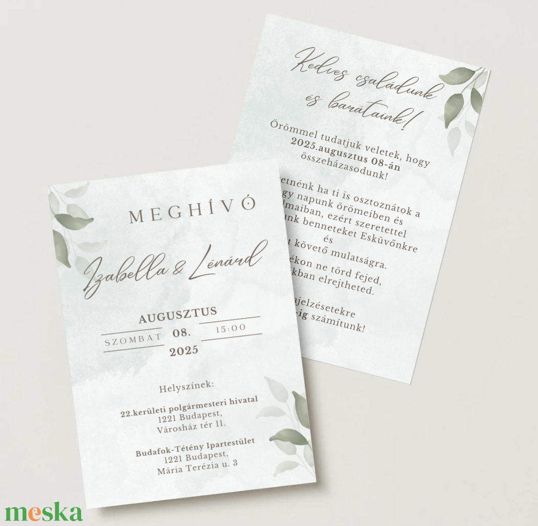 Modern esküvői meghívó - akvarell leveles személyre szabott digitális termék - esküvő - meghívó & kártya - esküvői sorsjegyek és kártyák - Meska.hu