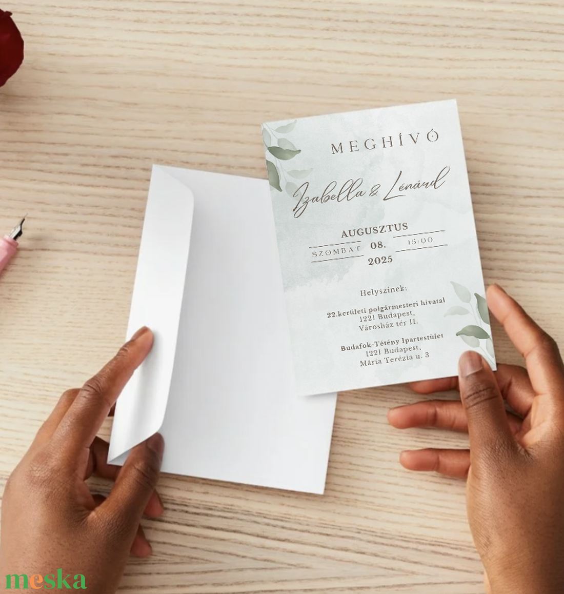 Modern esküvői meghívó - akvarell leveles személyre szabott digitális termék - esküvő - meghívó & kártya - esküvői sorsjegyek és kártyák - Meska.hu