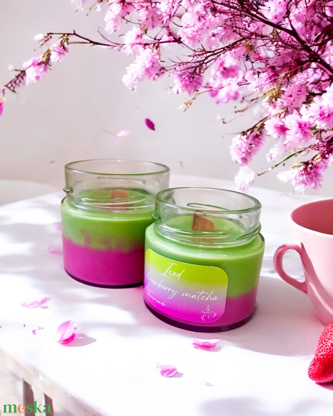 Iced Matcha Latte Eper Illatú Tavaszi Szójagyertya - otthon & életmód - gyertya, illat, aroma - gyertya - Meska.hu
