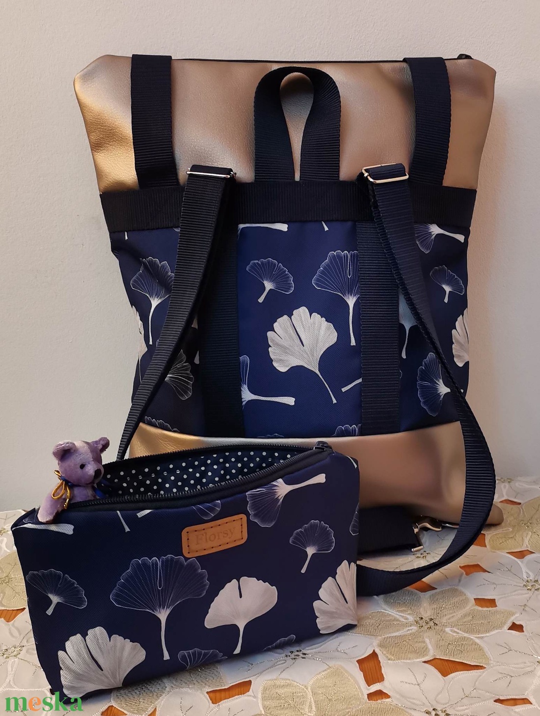 Ginkó mintás Roll top hátizsák/laptop hátizsák/laptop táska/city bag/hátizsák róza - táska & tok - hátizsák - roll top hátizsák - Meska.hu