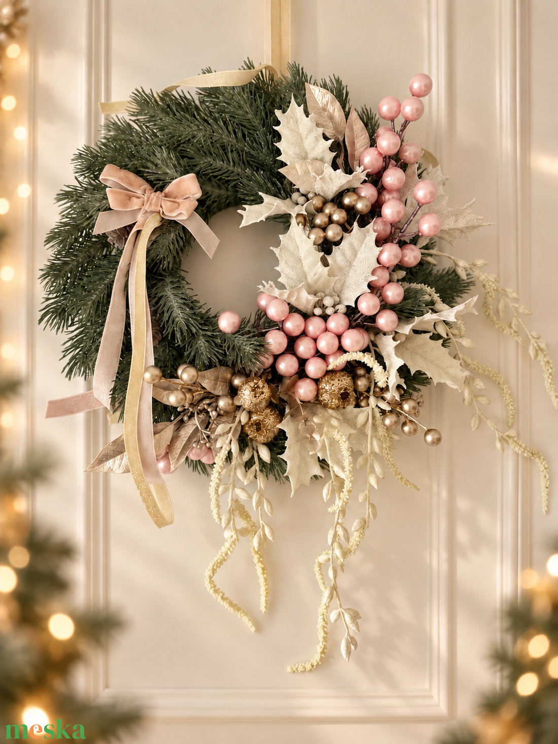 Karácsonyi kopogtató - rózsaszín, fehér színvilág - karácsony - adventi díszek - adventi ajtódísz - Meska.hu