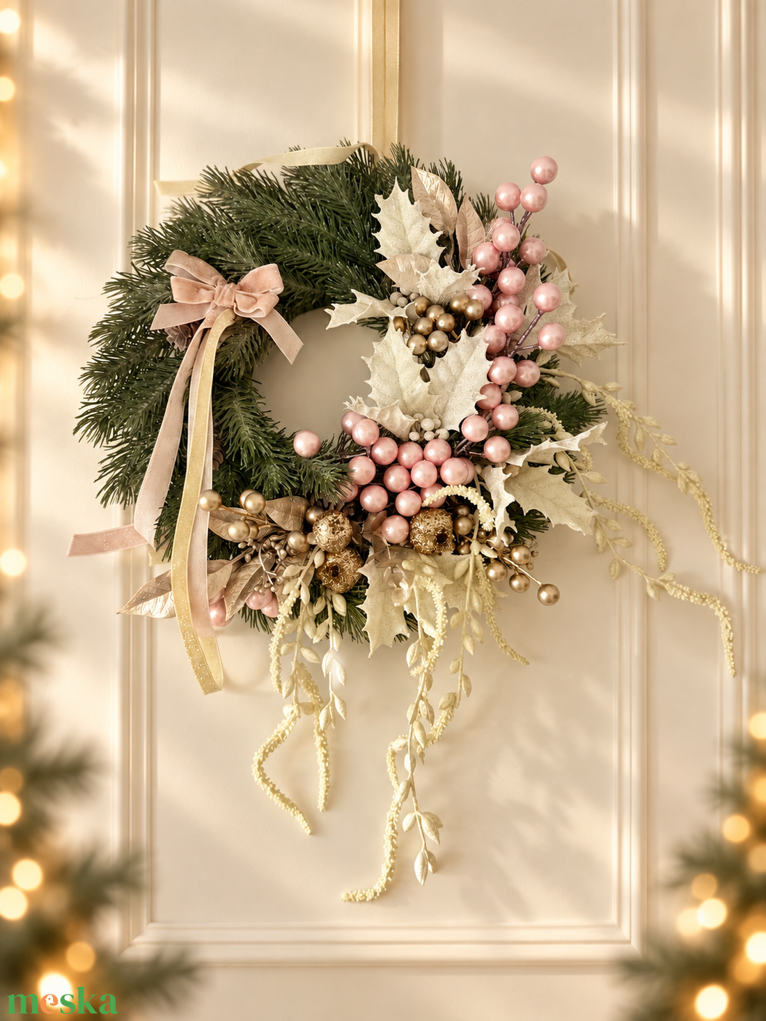 Karácsonyi kopogtató - rózsaszín, fehér színvilág - karácsony - adventi díszek - adventi ajtódísz - Meska.hu