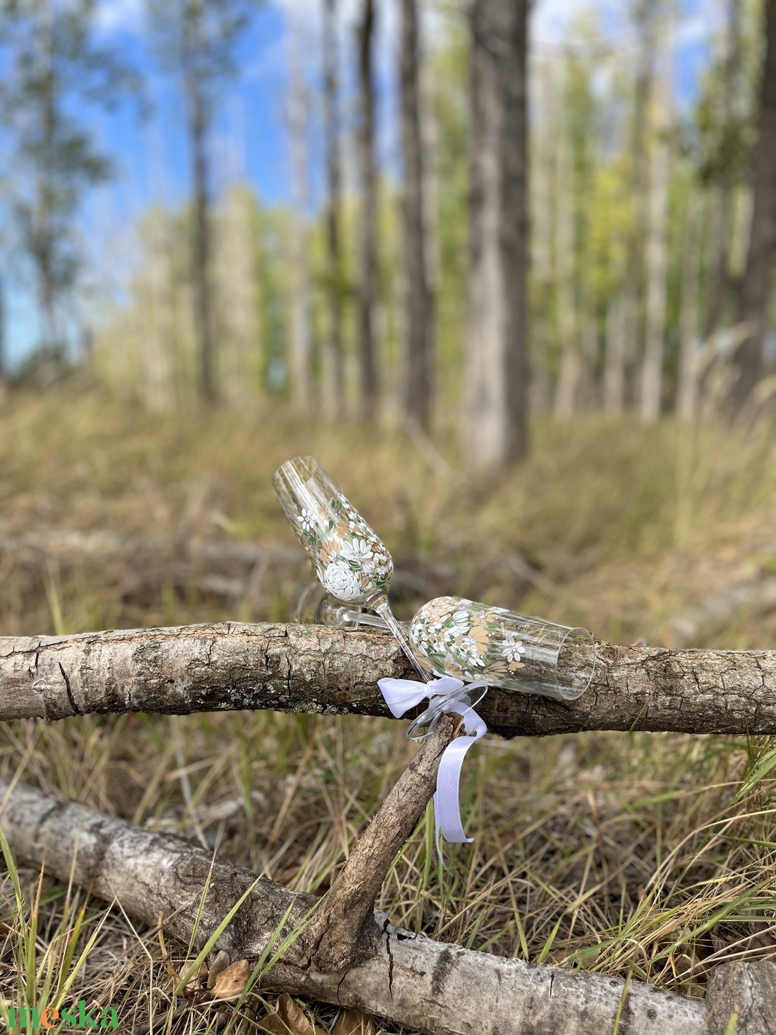 Boho Kézzel festett pezsgőspohár, greenery esküvői kiegészítő, egyedi ajándék - esküvő - dekoráció - tálalás - Meska.hu