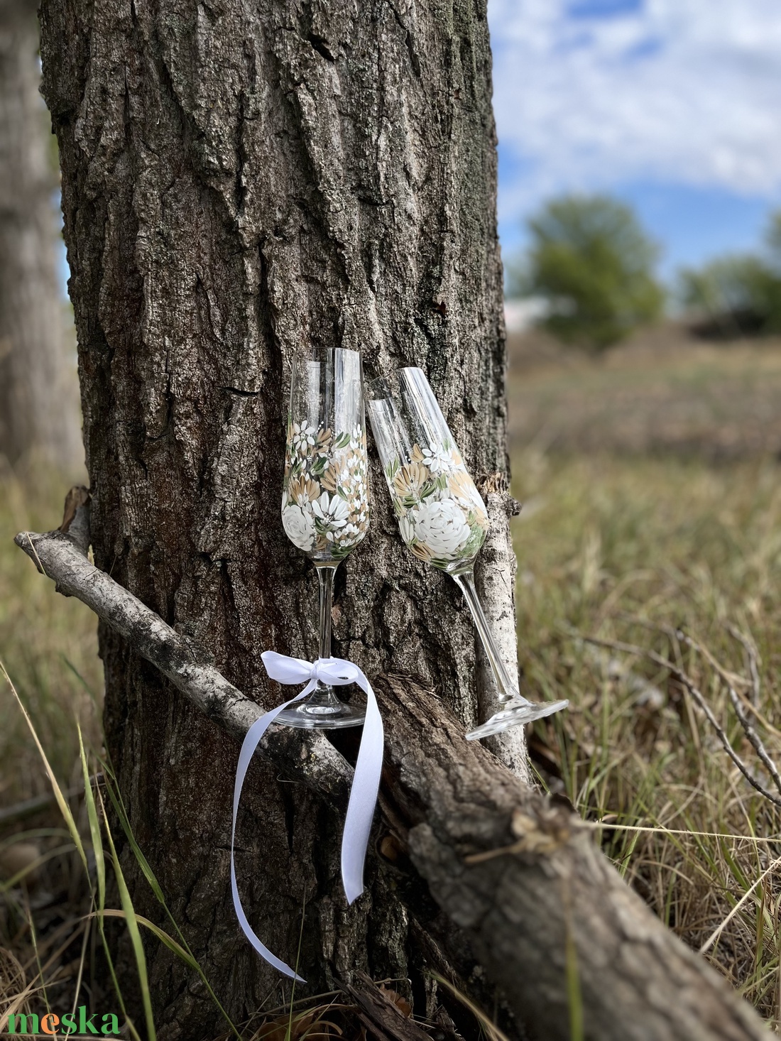 Boho Kézzel festett pezsgőspohár, greenery esküvői kiegészítő, egyedi ajándék - esküvő - dekoráció - tálalás - Meska.hu