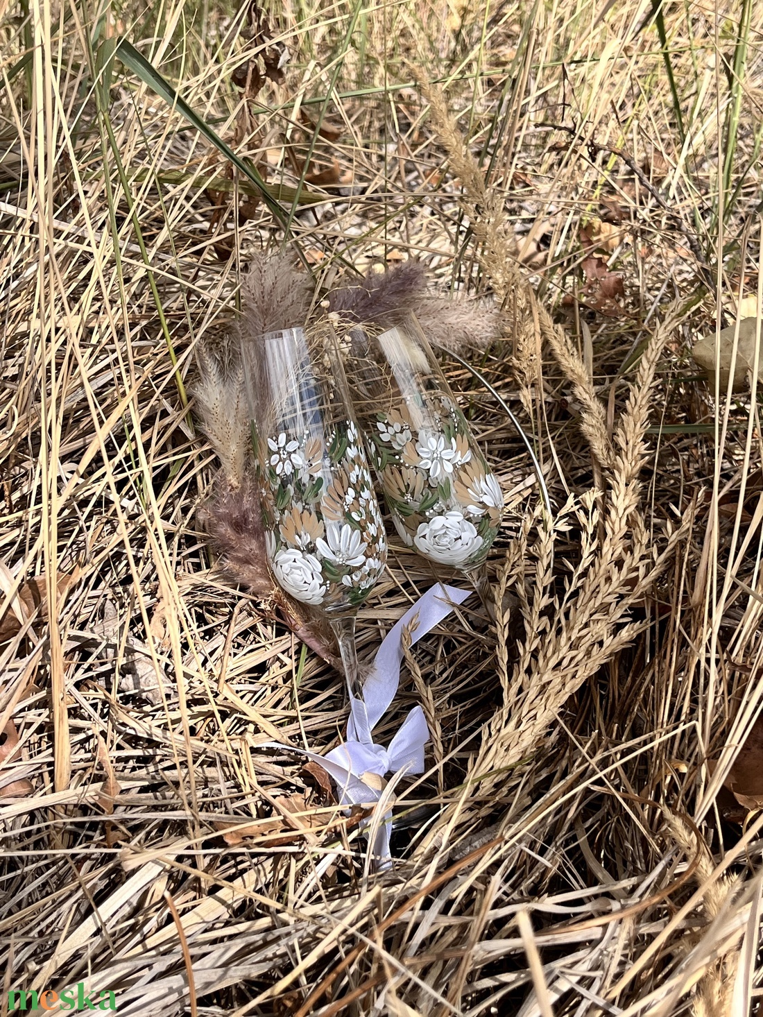 Boho Kézzel festett pezsgőspohár, greenery esküvői kiegészítő, egyedi ajándék - esküvő - dekoráció - tálalás - Meska.hu