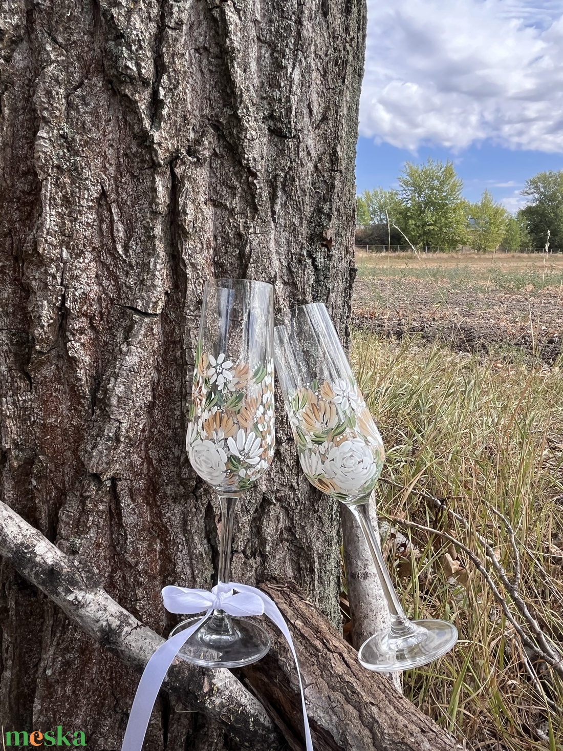 Boho Kézzel festett pezsgőspohár, greenery esküvői kiegészítő, egyedi ajándék - esküvő - dekoráció - tálalás - Meska.hu