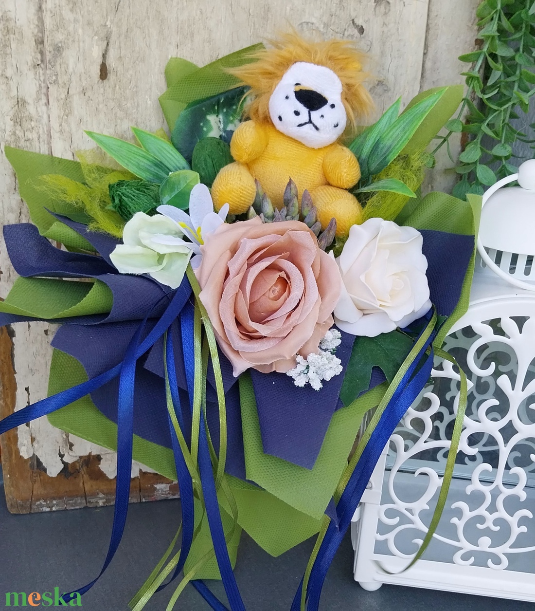 Ovis ballagási csokor plüss oroszlán - otthon & életmód - virágdekoráció - virágok - virágcsokor - Meska.hu