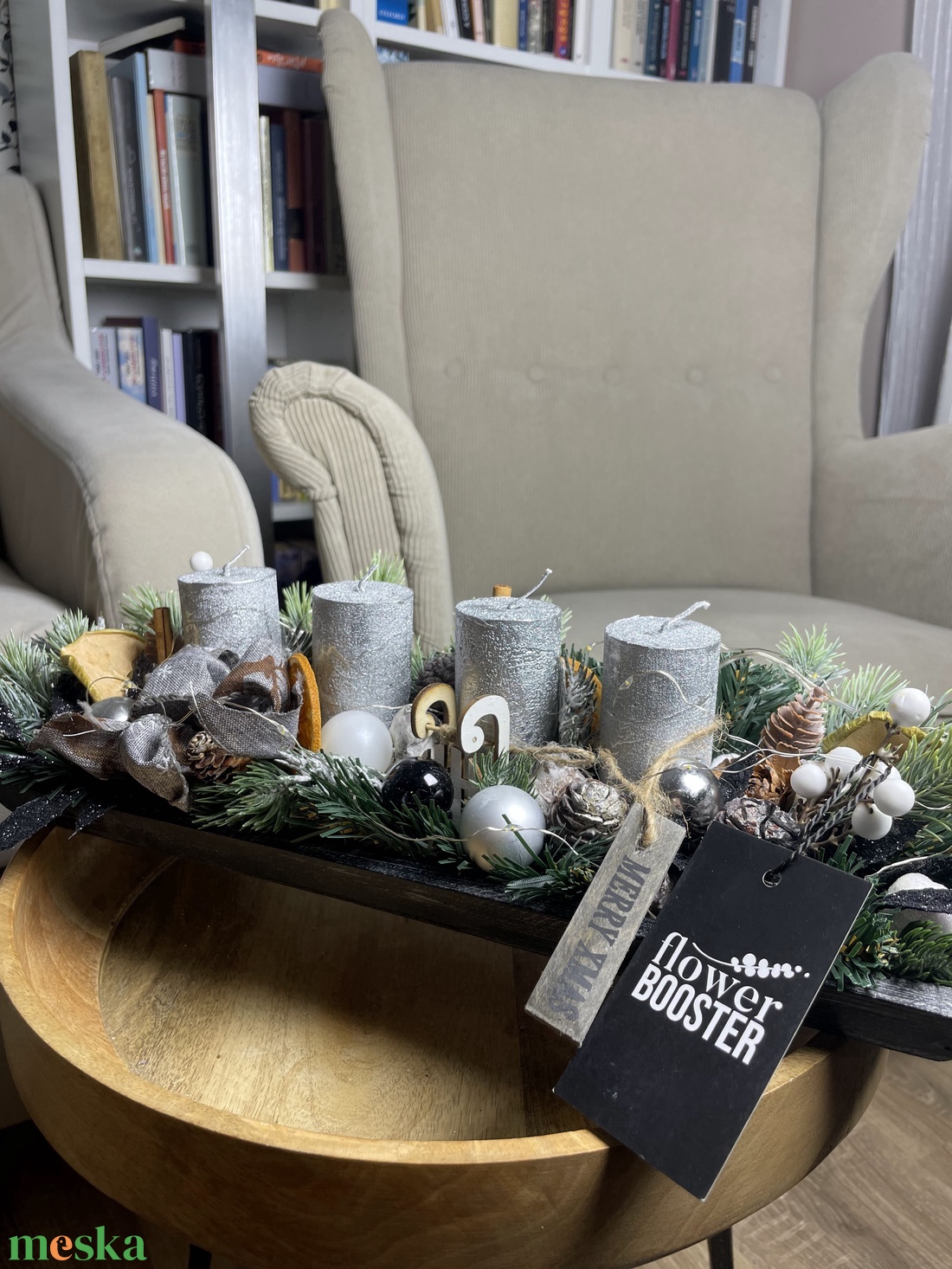 Elegáns adventi asztaldísz fatálcán - karácsony - adventi díszek - adventi asztaldísz - Meska.hu