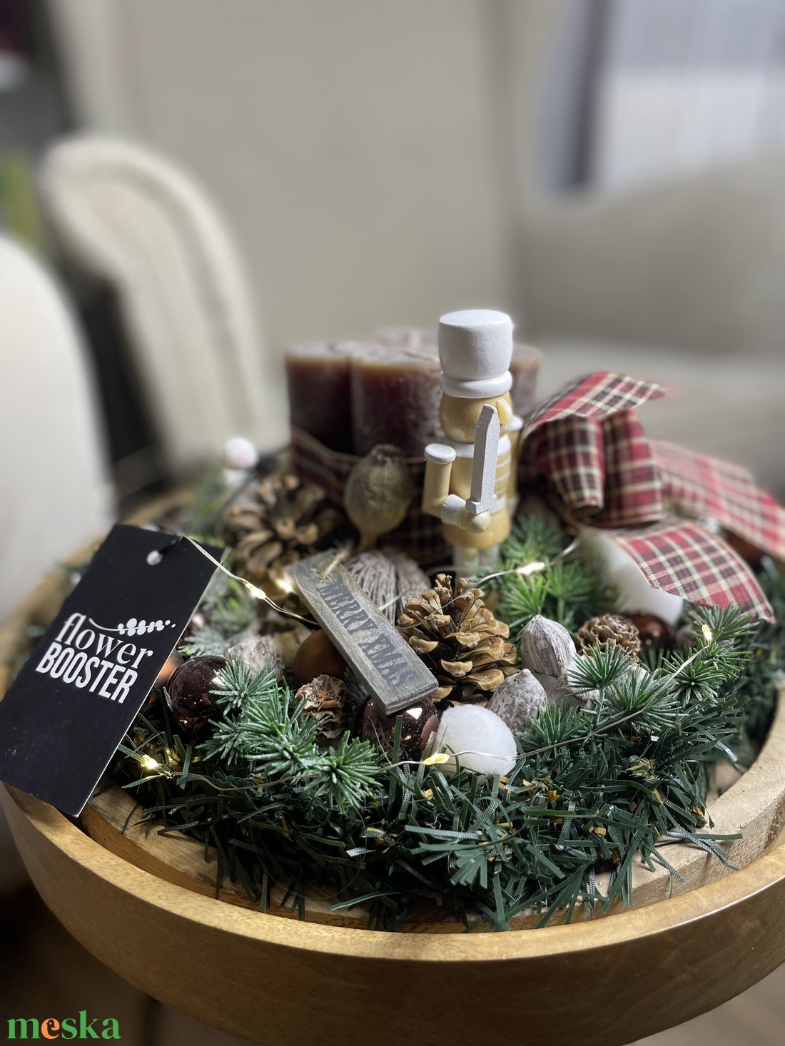 Elegáns adventi asztaldísz kerek fatálcán - karácsony - adventi díszek - adventi asztaldísz - Meska.hu