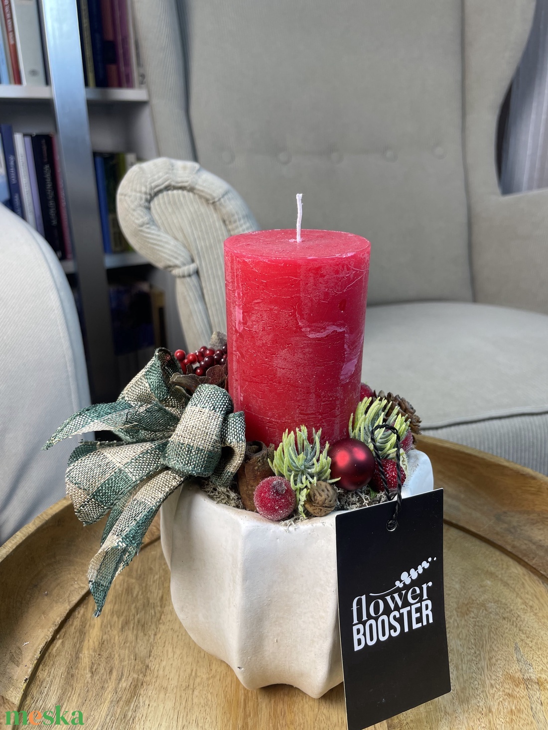 Karácsonyi asztaldísz bézs kerámia kaspóban - karácsony - karácsonyi lakásdekoráció - ünnepi asztaldekoráció - Meska.hu