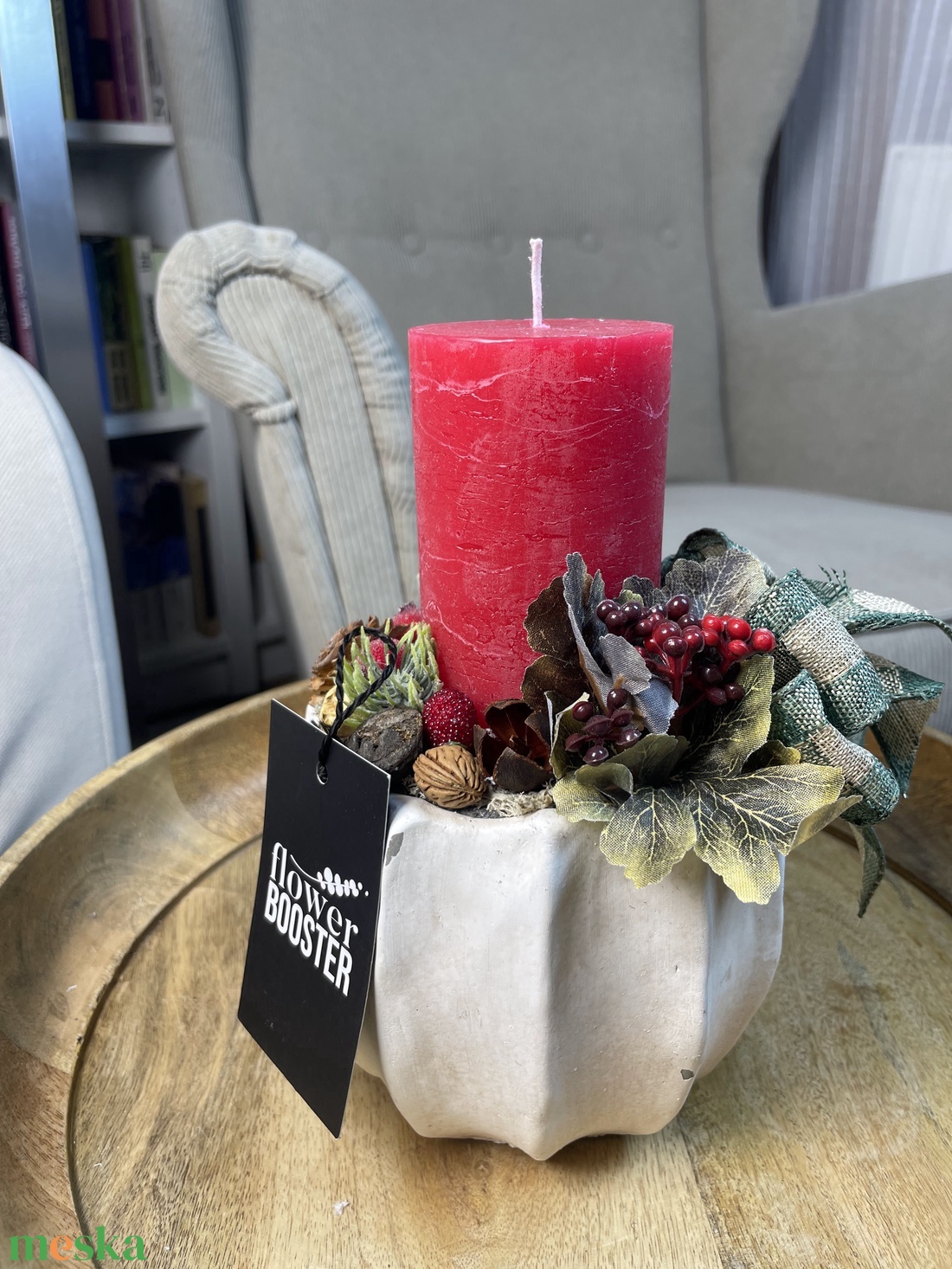 Karácsonyi asztaldísz bézs kerámia kaspóban - karácsony - karácsonyi lakásdekoráció - ünnepi asztaldekoráció - Meska.hu