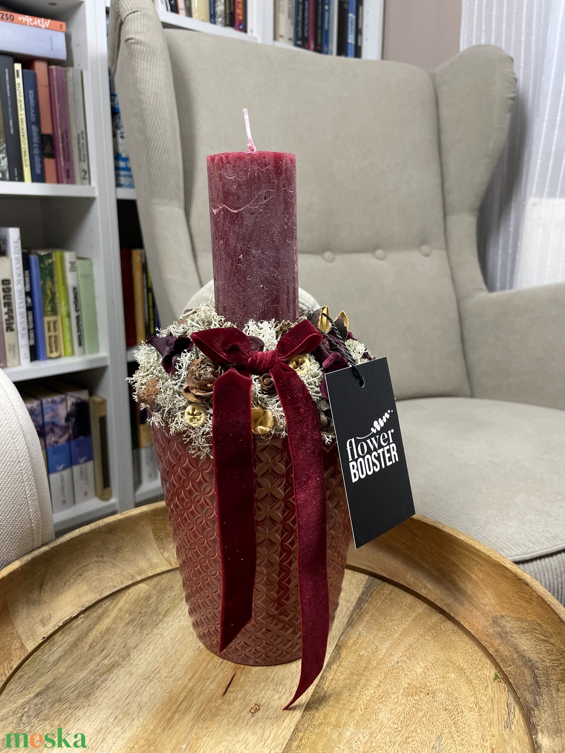 Karácsonyi asztaldísz bordó kaspóban - karácsony - adventi díszek - adventi asztaldísz - Meska.hu