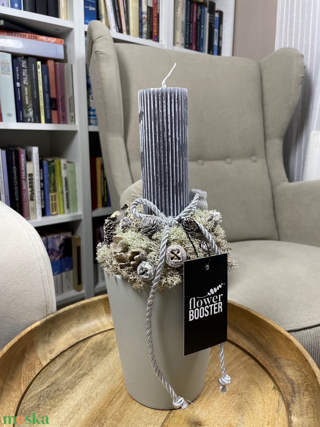 Karácsonyi asztaldísz szürke kaspóban - karácsony - adventi díszek - adventi asztaldísz - Meska.hu