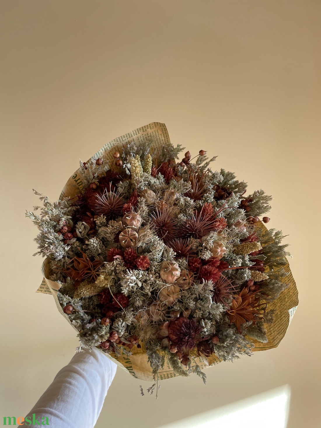 Szárazvirág csokor bordó és natúr színekben - otthon & életmód - virágdekoráció - virágok - virágcsokor - Meska.hu