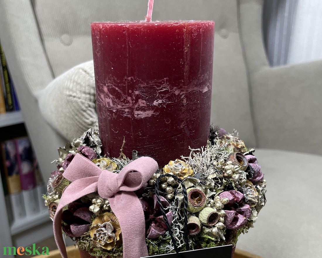 Gyertyás asztaldísz bordó cserépben - karácsony - adventi díszek - adventi asztaldísz - Meska.hu