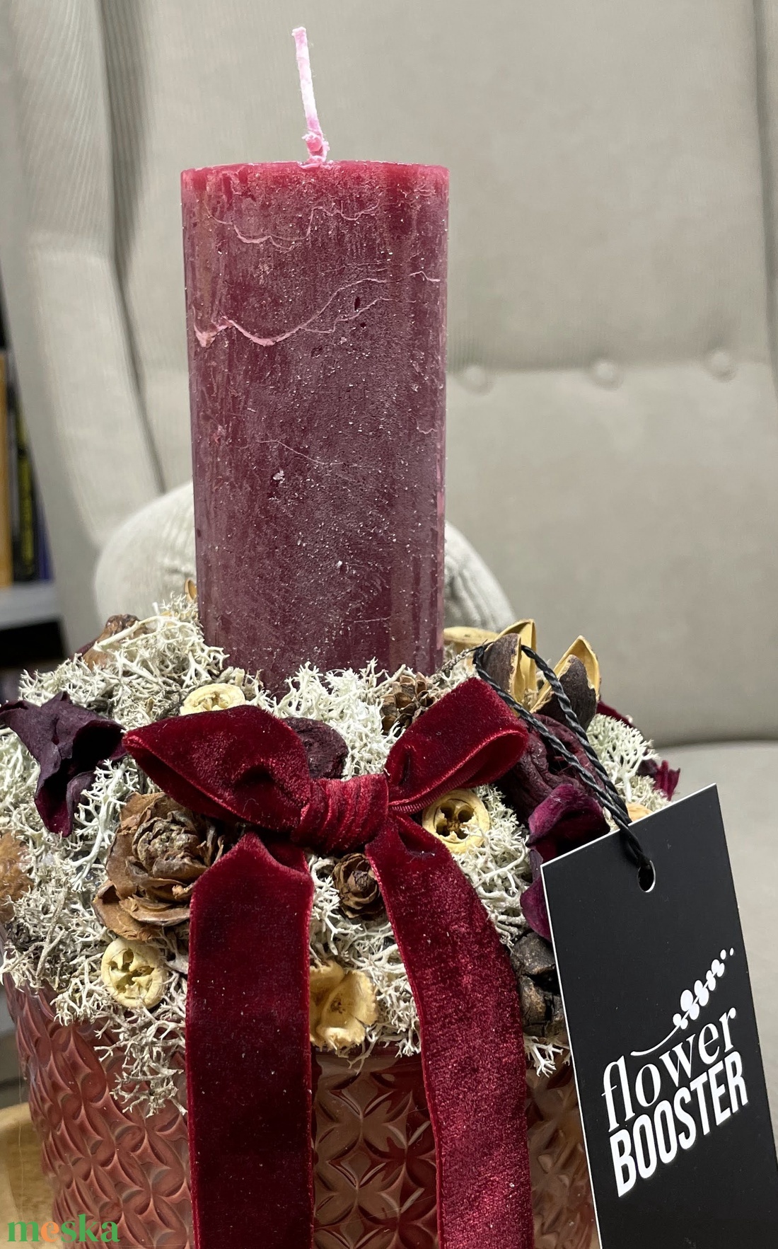 Gyertyás asztaldísz bordó kaspóban - karácsony - adventi díszek - adventi asztaldísz - Meska.hu