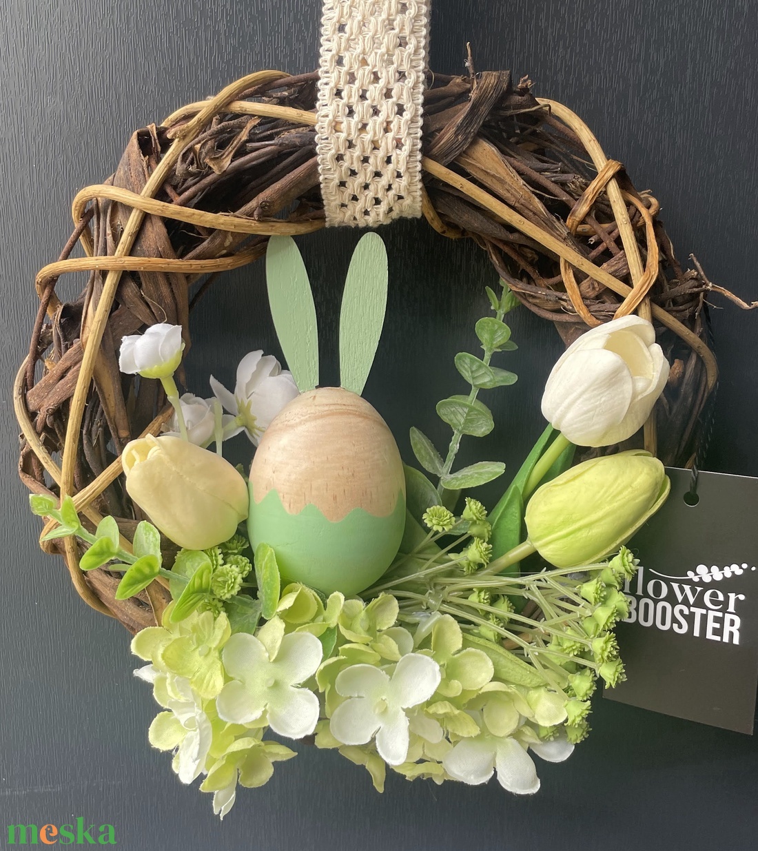 Húsvéti ajtódísz barna háncs koszorún fa nyuszival - ünnepi díszek, dekorációk - húsvéti díszek és dekorációk - húsvéti ajtódísz, kopogtató - Meska.hu
