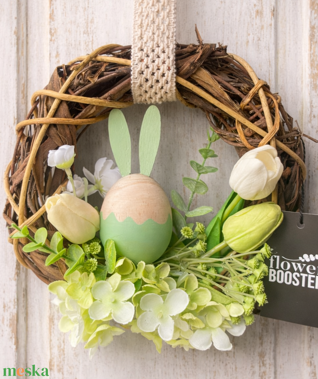 Húsvéti ajtódísz barna háncs koszorún fa nyuszival - ünnepi díszek, dekorációk - húsvéti díszek és dekorációk - húsvéti ajtódísz, kopogtató - Meska.hu