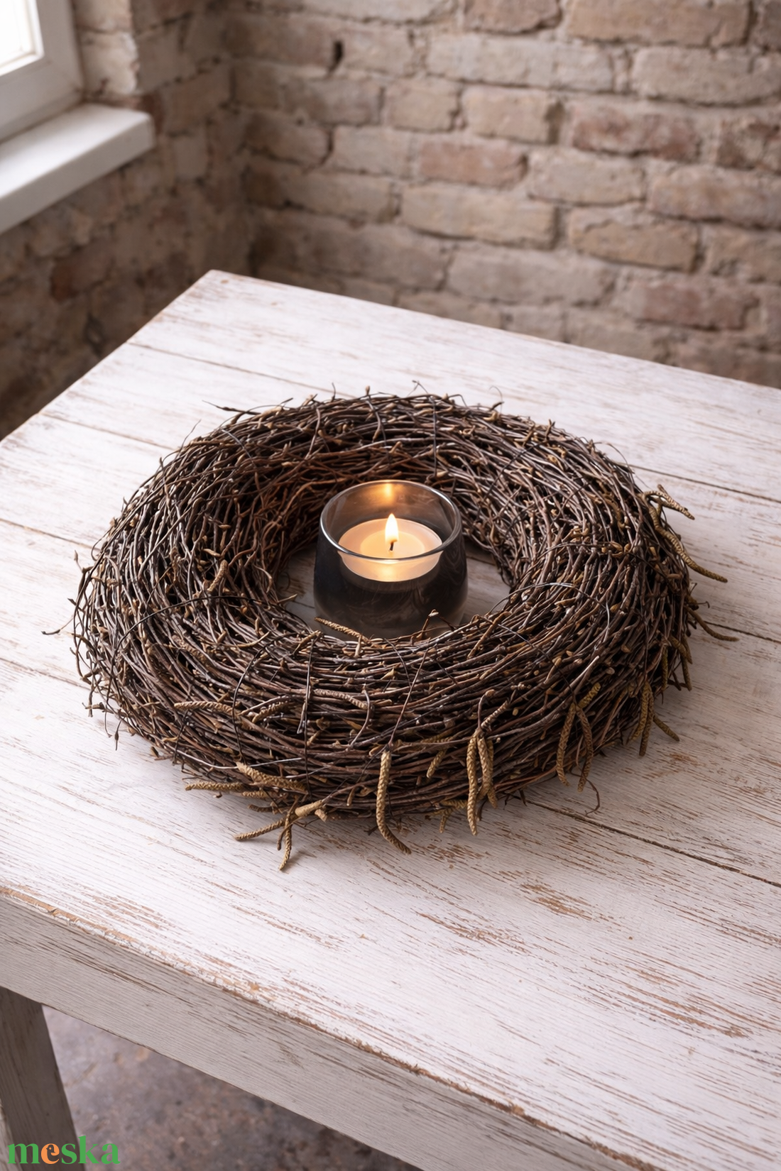 Tavaszi nyírfavesszőből szorosan kötött asztaldísz mécsessel - otthon & életmód - dekoráció - asztal és polc dekoráció - asztaldísz - Meska.hu