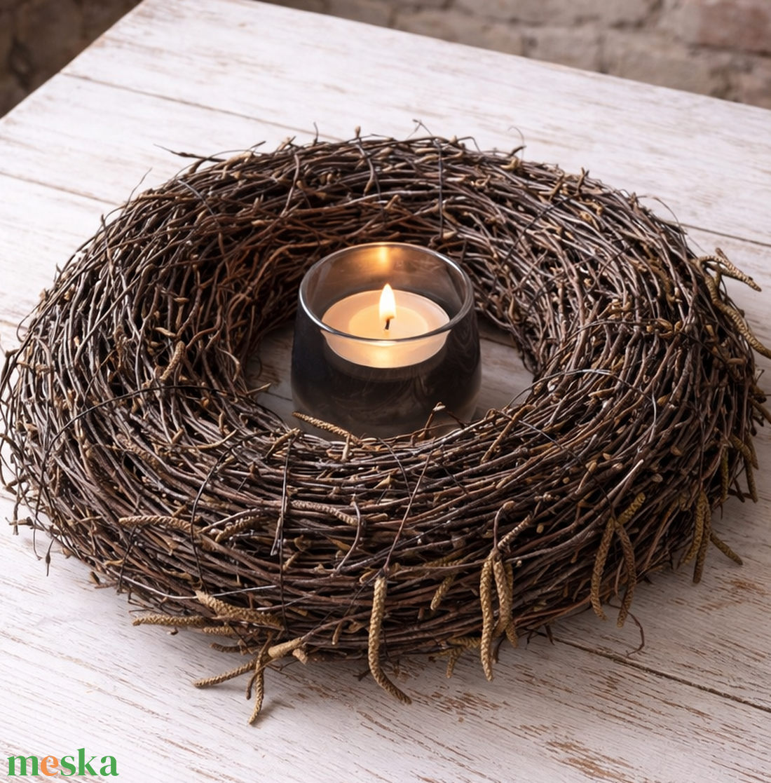 Tavaszi nyírfavesszőből szorosan kötött asztaldísz mécsessel - otthon & életmód - dekoráció - asztal és polc dekoráció - asztaldísz - Meska.hu