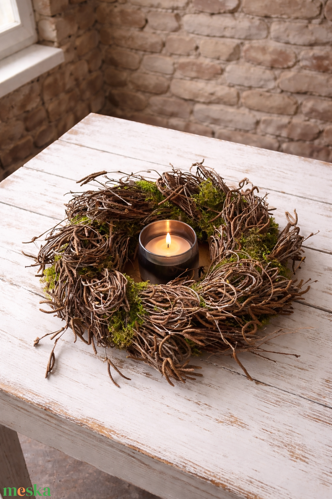 Tavaszi nyírfavesszőből és mohából kötött nagy asztaldísz mécsessel - otthon & életmód - dekoráció - asztal és polc dekoráció - asztaldísz - Meska.hu