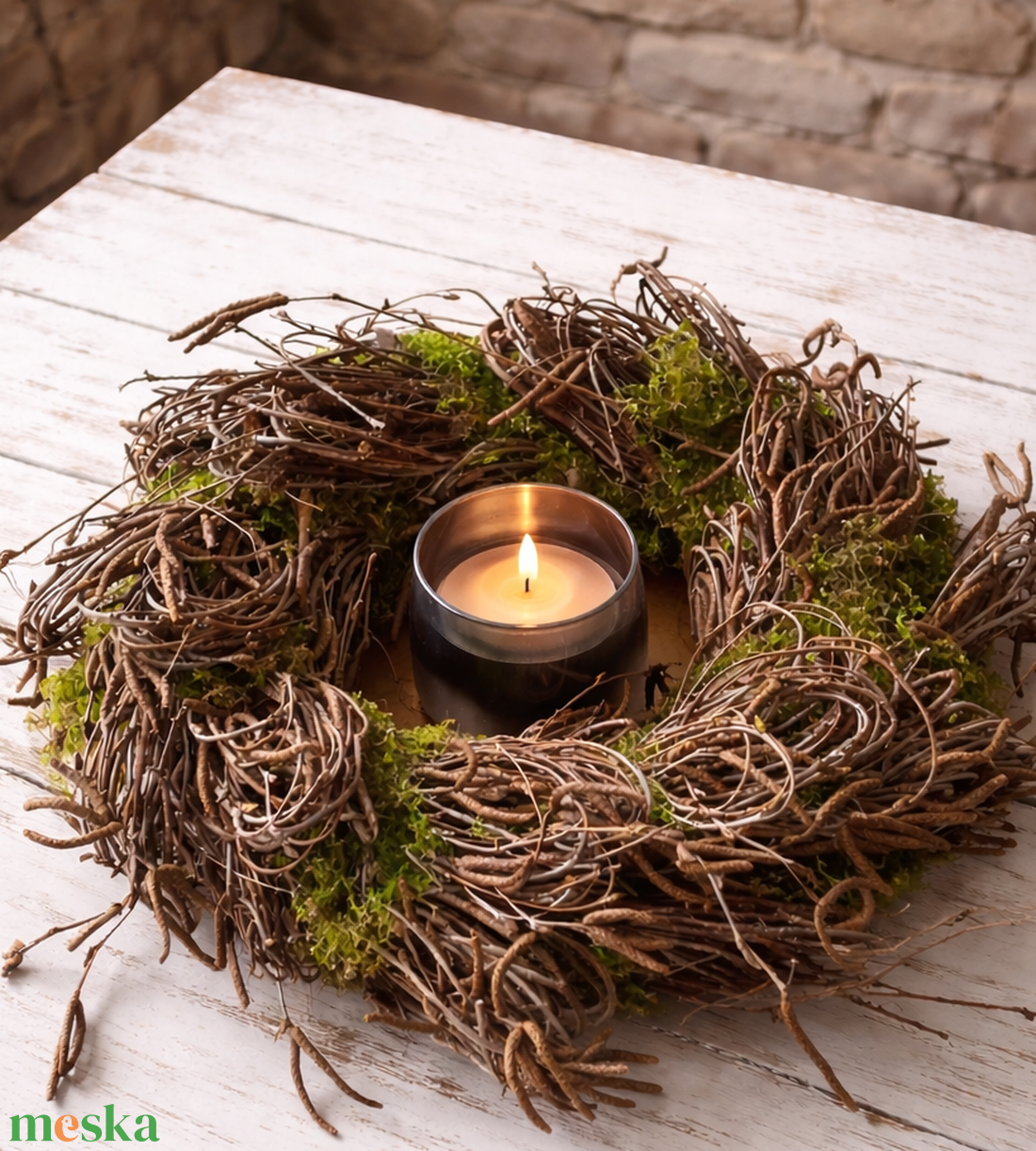 Tavaszi nyírfavesszőből és mohából kötött nagy asztaldísz mécsessel - otthon & életmód - dekoráció - asztal és polc dekoráció - asztaldísz - Meska.hu