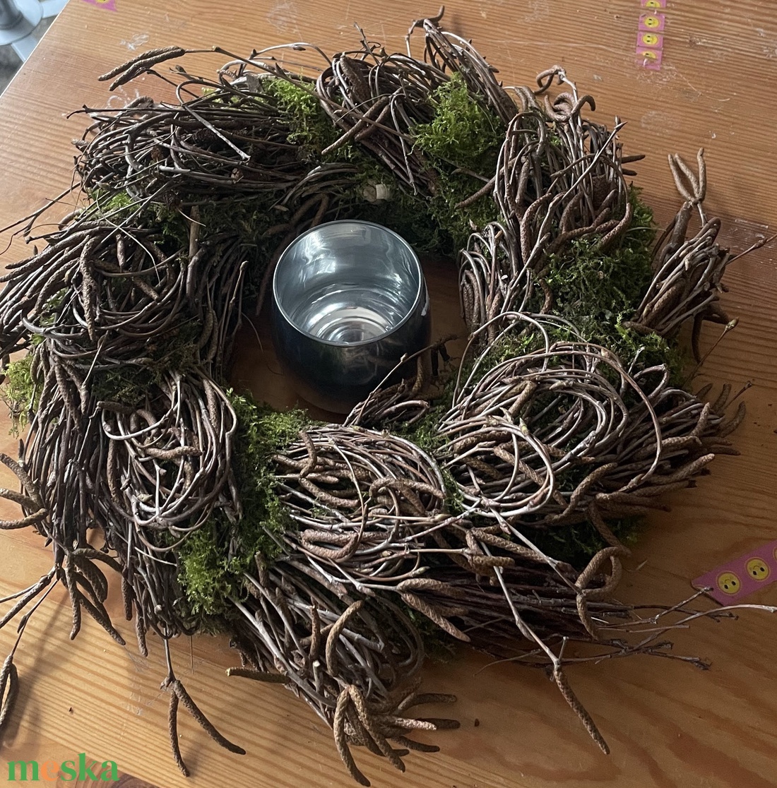 Tavaszi nyírfavesszőből és mohából kötött nagy asztaldísz mécsessel - otthon & életmód - dekoráció - asztal és polc dekoráció - asztaldísz - Meska.hu