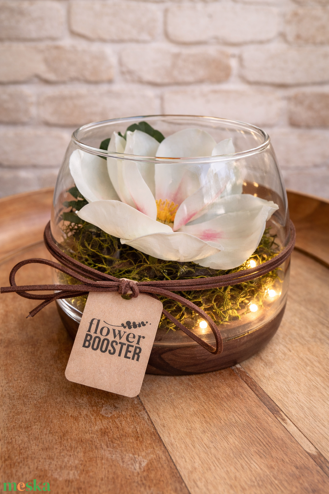 Magnólia üvegtálban fa talpon Nőnapra ledfénnyel - otthon & életmód - dekoráció - asztal és polc dekoráció - asztaldísz - Meska.hu