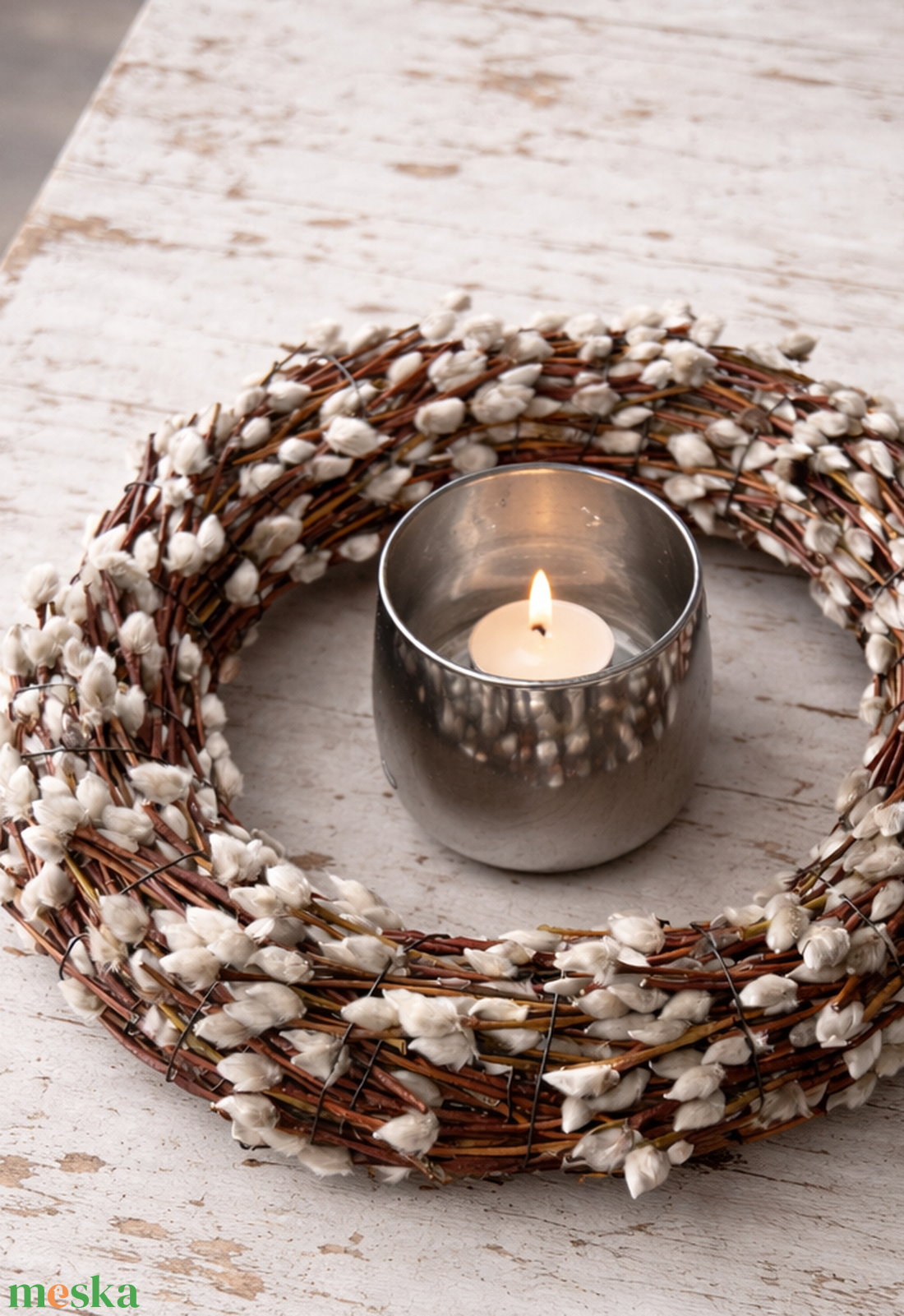 Csodás tavaszi barkás asztaldísz mécsessel, Húsvétra - ünnepi díszek, dekorációk - húsvéti díszek és dekorációk - húsvéti asztaldíszek - Meska.hu