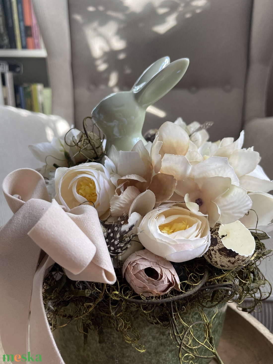 Húsvéti pasztell asztaldísz nyuszival fürjtojásokkal - ünnepi díszek, dekorációk - húsvéti díszek és dekorációk - húsvéti asztaldíszek - Meska.hu