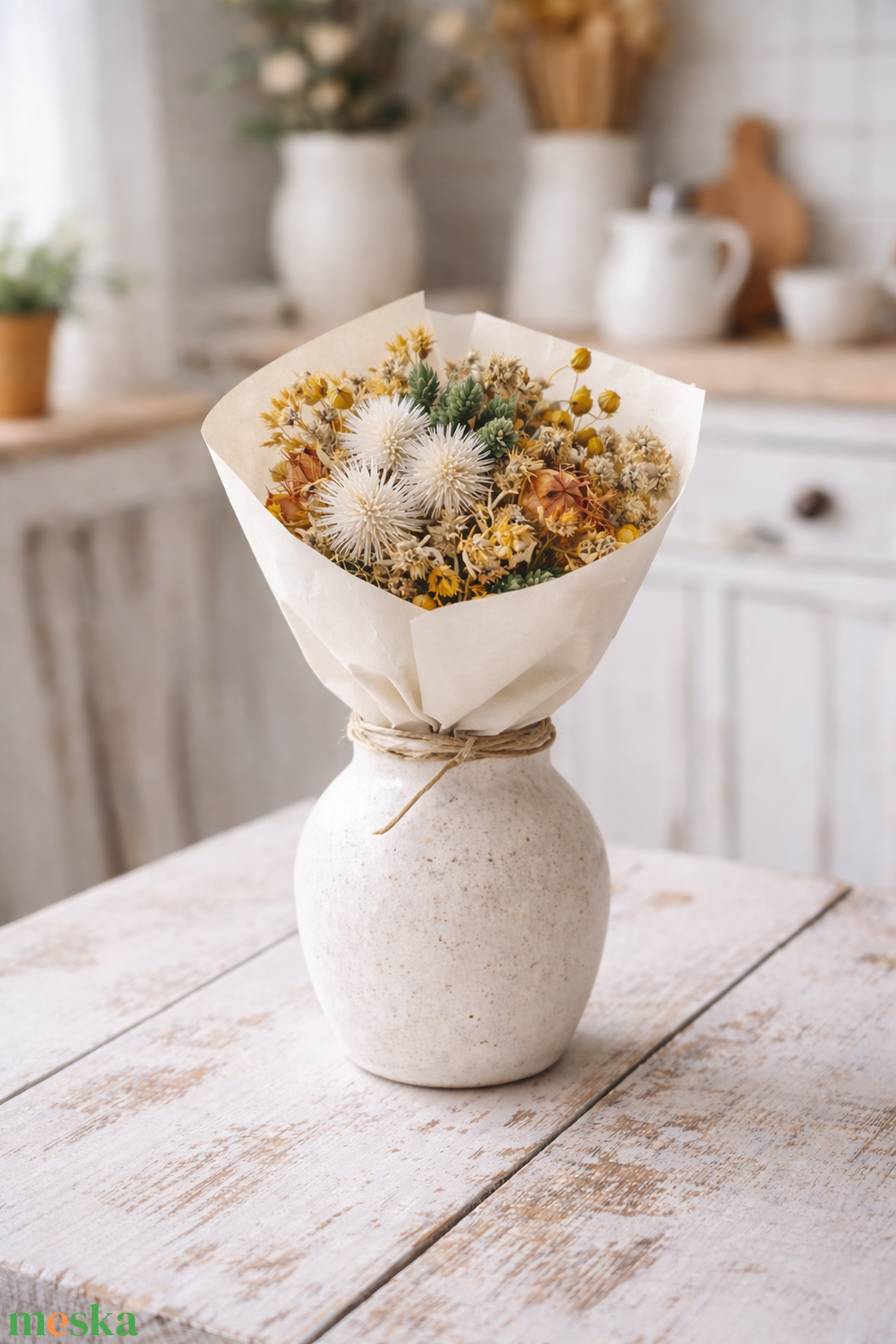 Szárazvirág csokor natúr és zöld színekkel - otthon & életmód - virágdekoráció - virágok - virágcsokor - Meska.hu