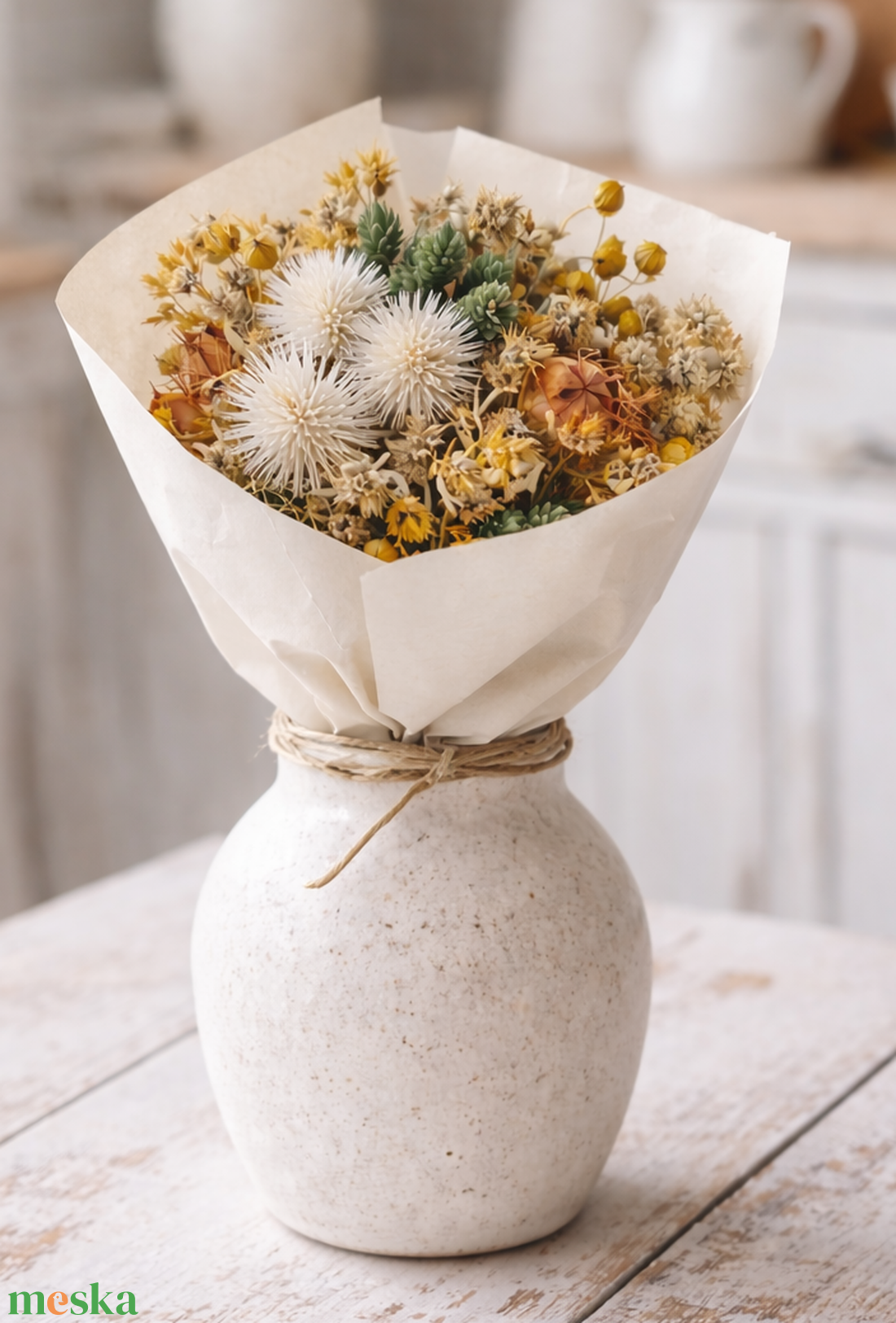 Szárazvirág csokor natúr és zöld színekkel - otthon & életmód - virágdekoráció - virágok - virágcsokor - Meska.hu