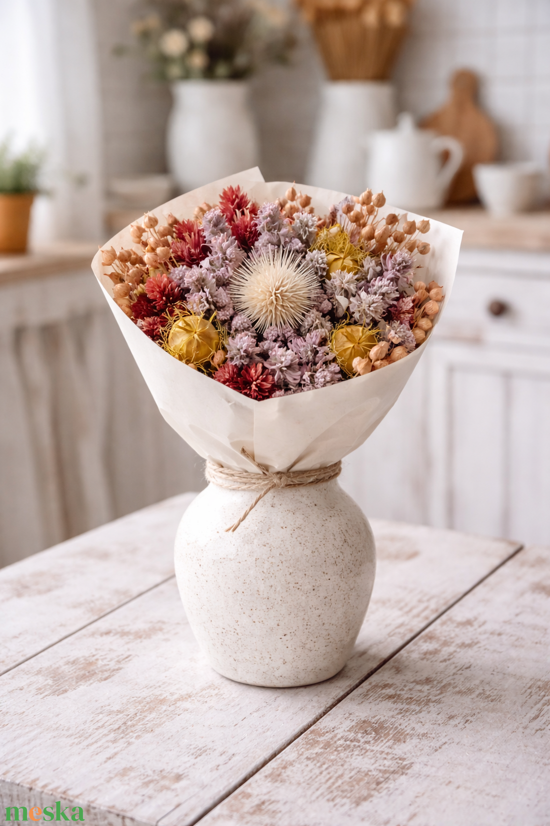 Szárazvirág csokor natúr és sárgás színekkel - otthon & életmód - virágdekoráció - virágok - virágcsokor - Meska.hu