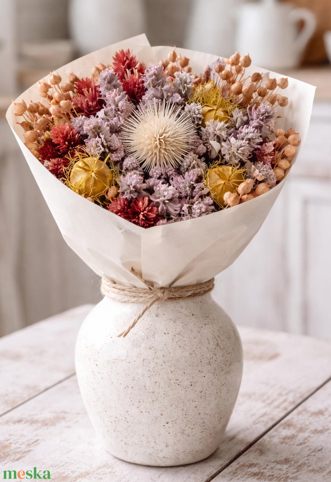 Szárazvirág csokor natúr és sárgás színekkel - otthon & életmód - virágdekoráció - virágok - virágcsokor - Meska.hu