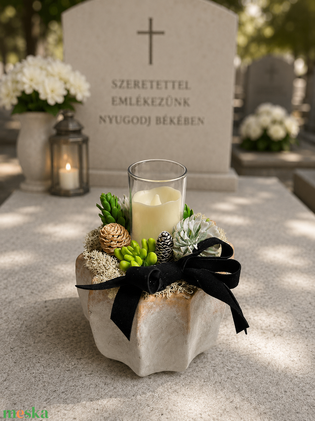 Sírdísz száraz és tartós növényekből rusztikus kerámia kaspóban led gyertyával - otthon & életmód - vallás - temetkezési tárgy - sírdísz, kegyeleti dísz - Meska.hu