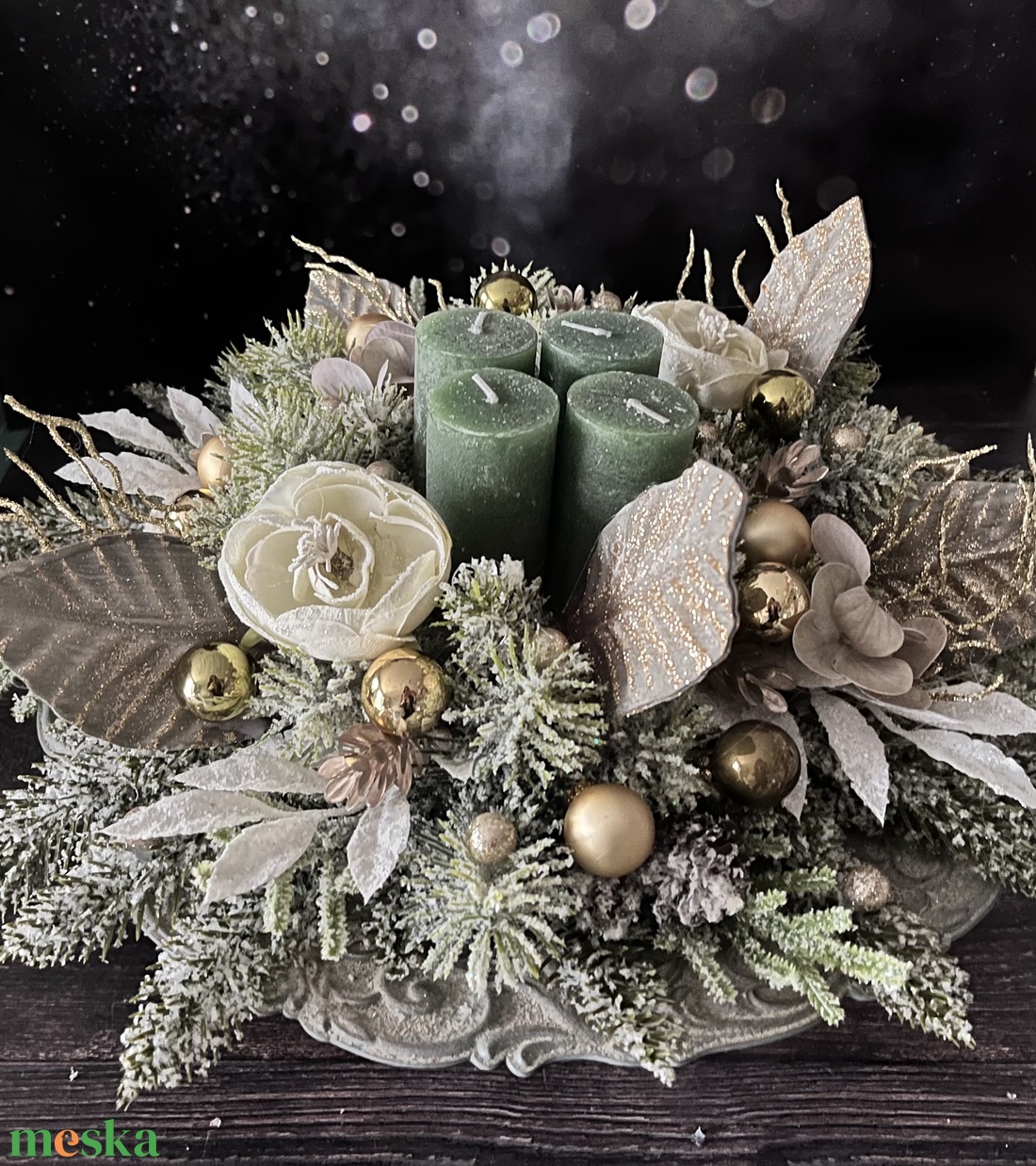Elegáns, zöld-arany adventi asztaldísz - karácsony - adventi díszek - adventi asztaldísz - Meska.hu