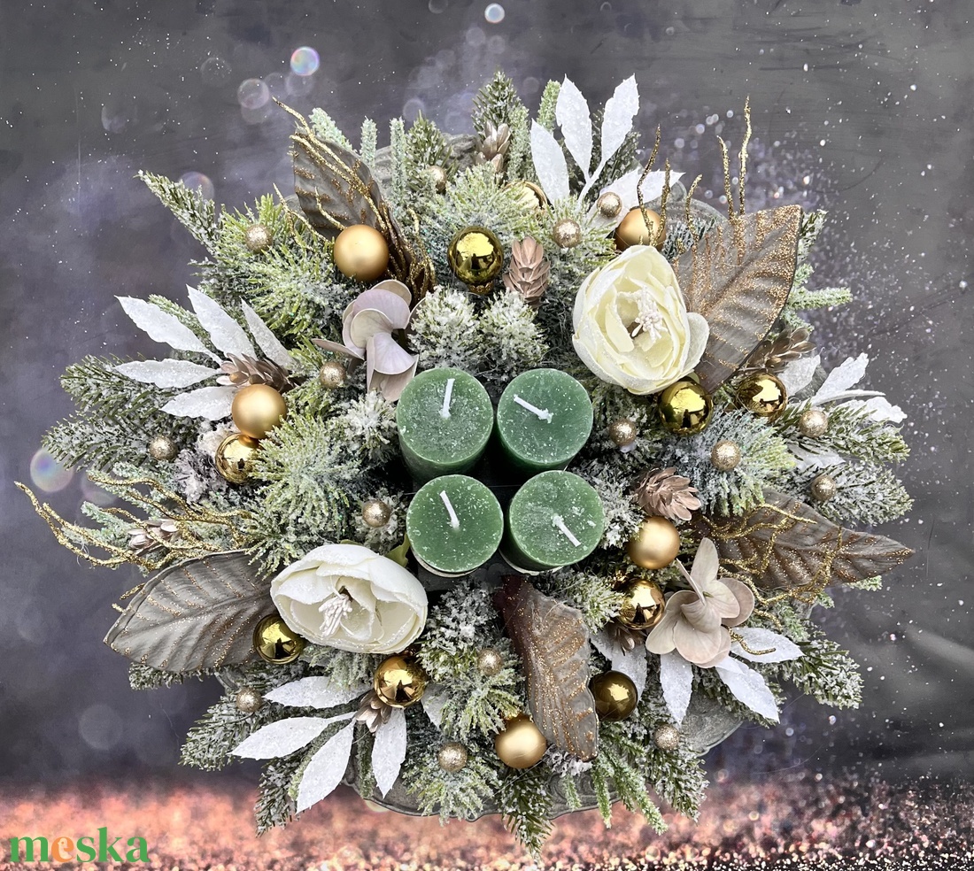 Elegáns, zöld-arany adventi asztaldísz - karácsony - adventi díszek - adventi asztaldísz - Meska.hu