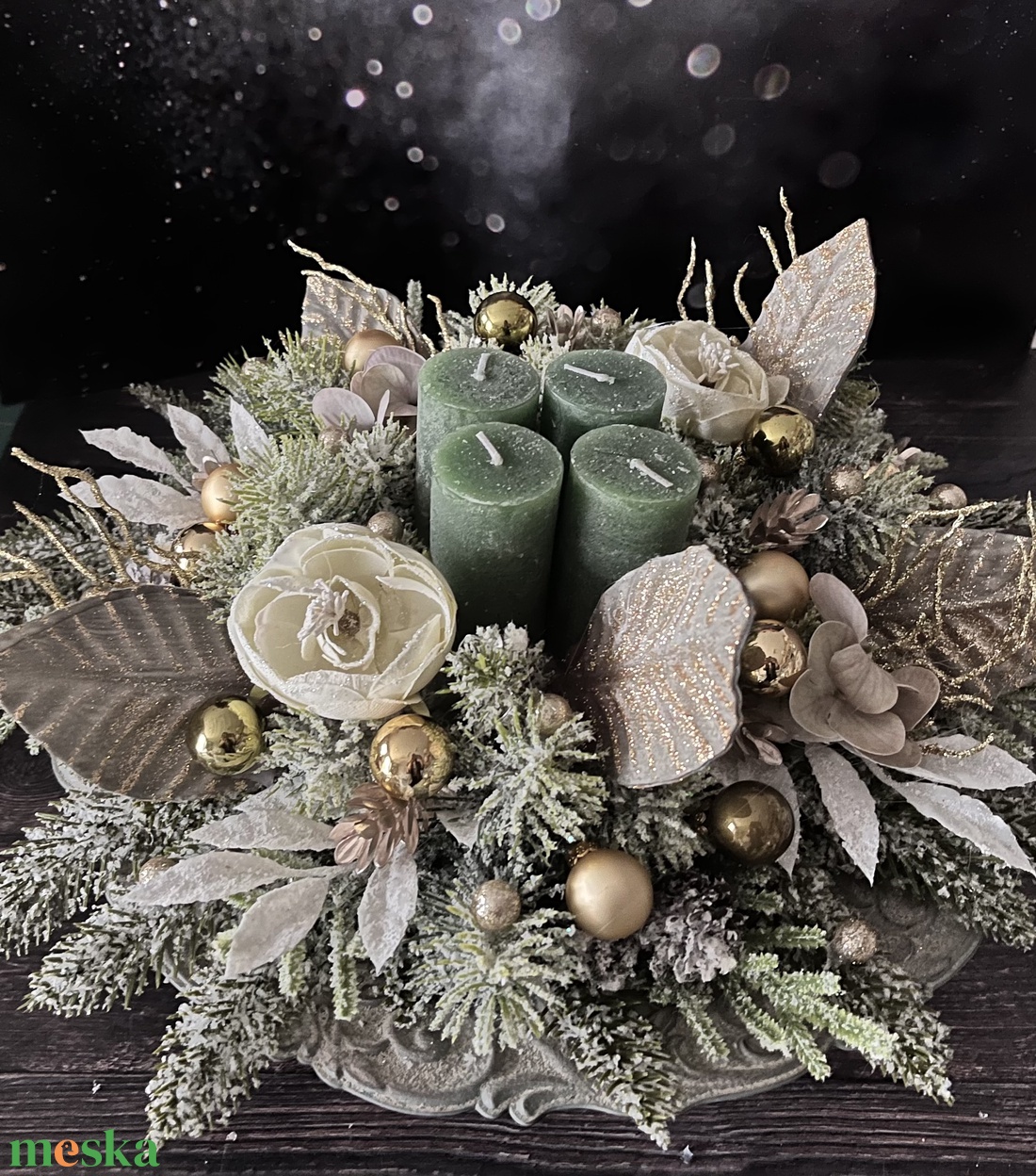 Elegáns, zöld-arany adventi asztaldísz - karácsony - adventi díszek - adventi asztaldísz - Meska.hu