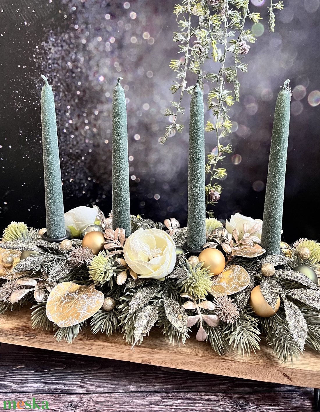 Zöld-arany adventi asztaldísz - karácsony - adventi díszek - adventi asztaldísz - Meska.hu
