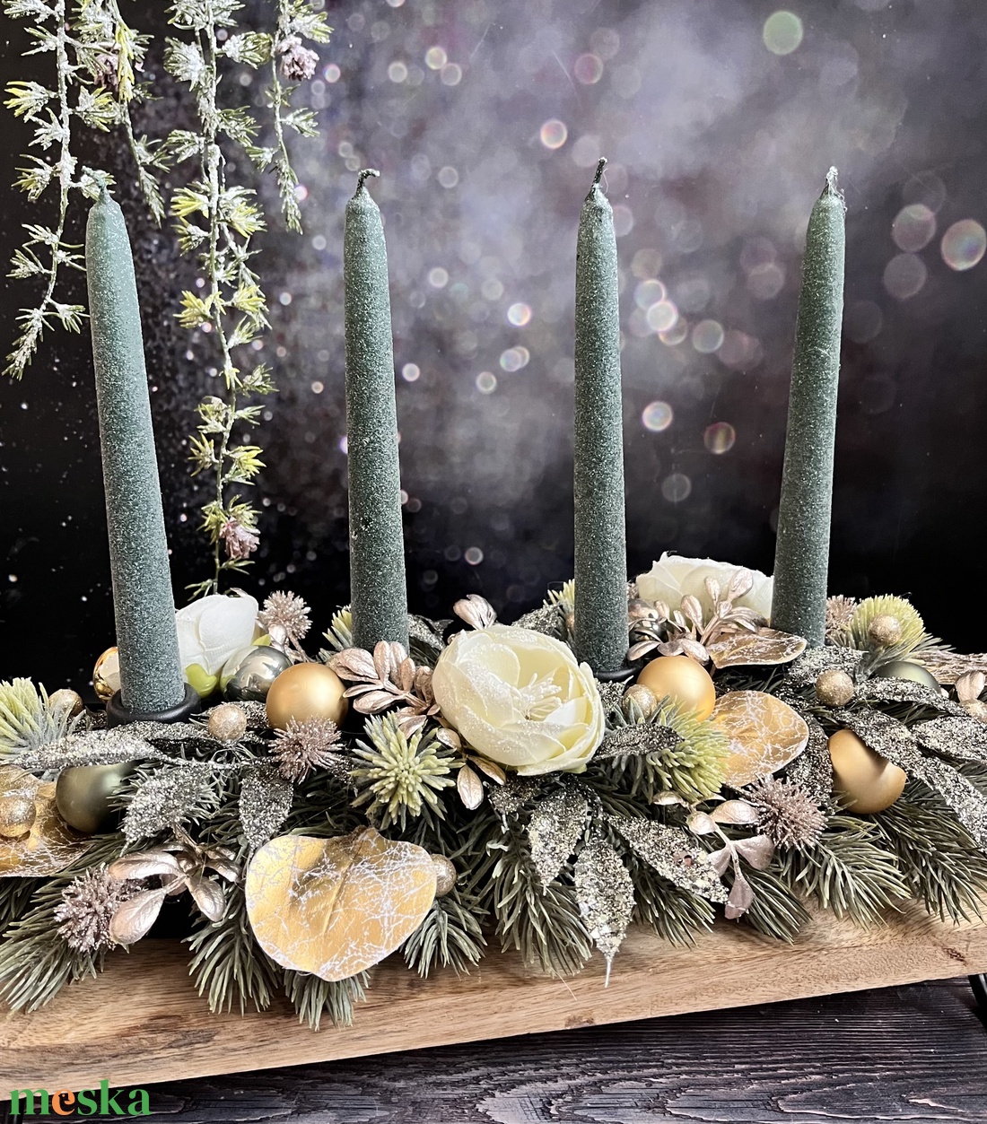 Zöld-arany adventi asztaldísz - karácsony - adventi díszek - adventi asztaldísz - Meska.hu