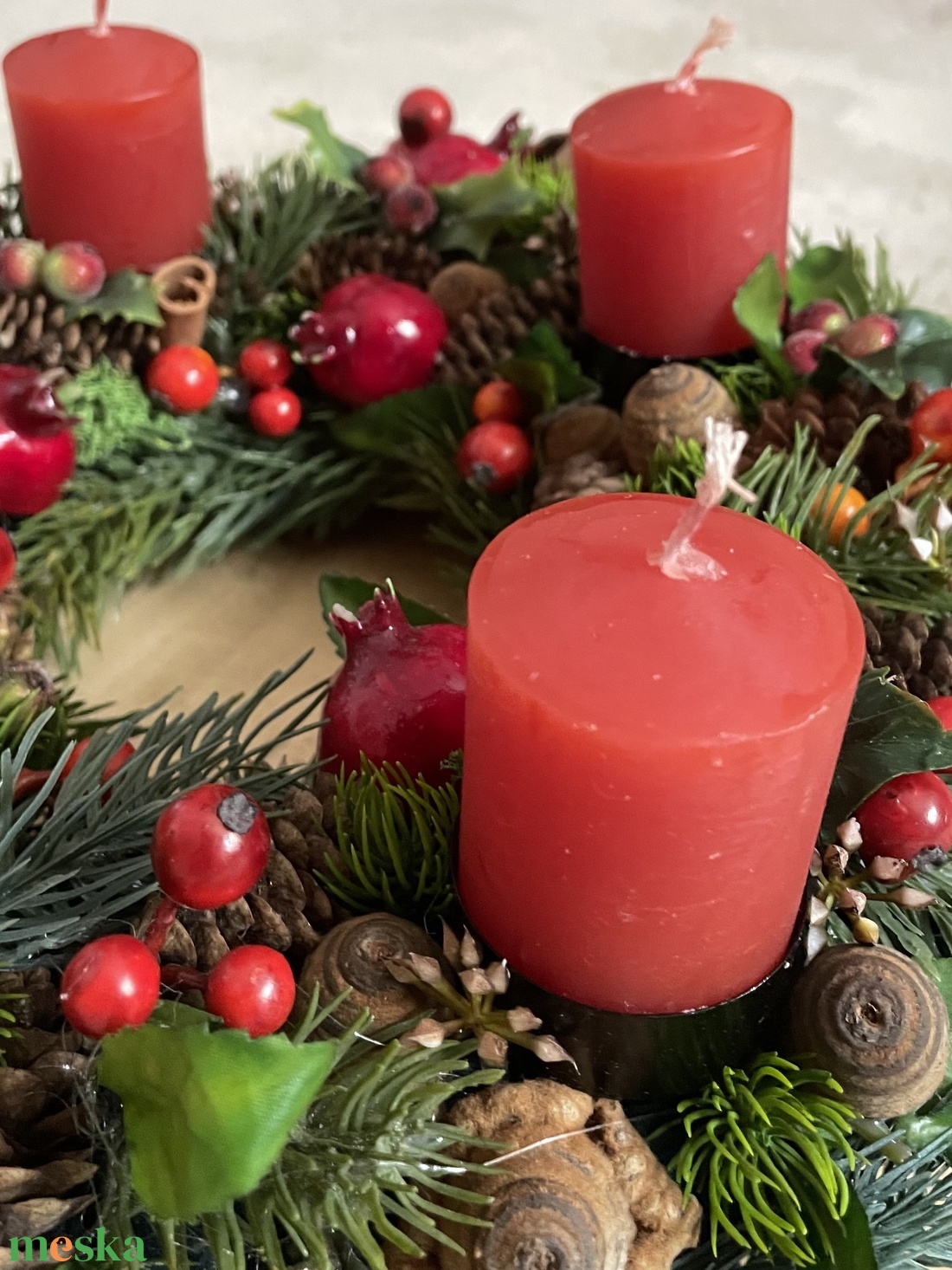 Piros gyertyás adventi koszorú  - karácsony - adventi díszek - adventi asztaldísz - Meska.hu