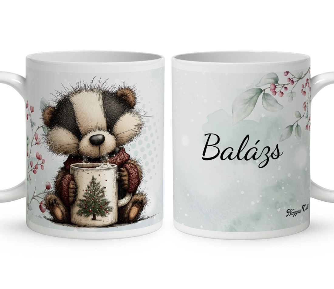 Névvel kérhető - Cuki téli borz egy kávéval mintás bögre - otthon & életmód - konyhafelszerelés, tálalás - tálalás - bögre & csésze - Meska.hu