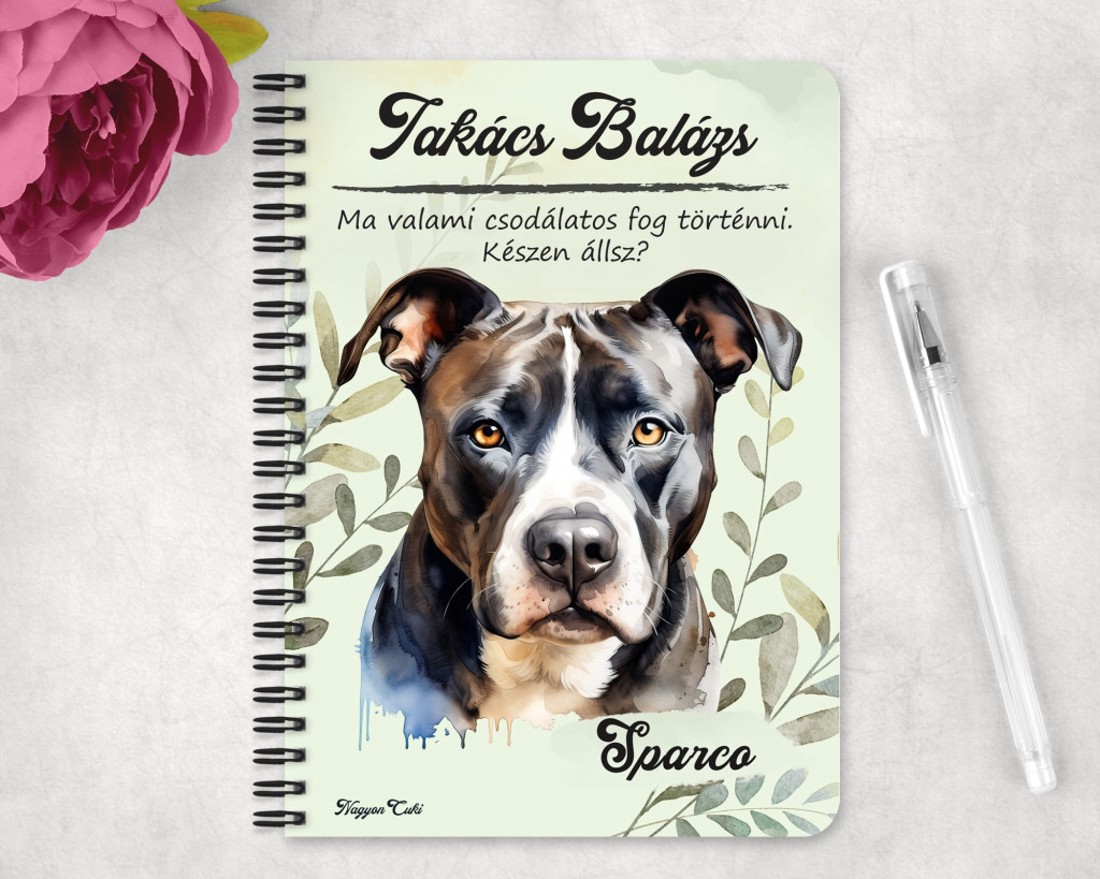 Személyre szabható - Szürke Amerikai Pitbull terrier portré mintás A5-ös füzet - otthon & életmód - papír, írószer - jegyzetfüzet & napló - Meska.hu
