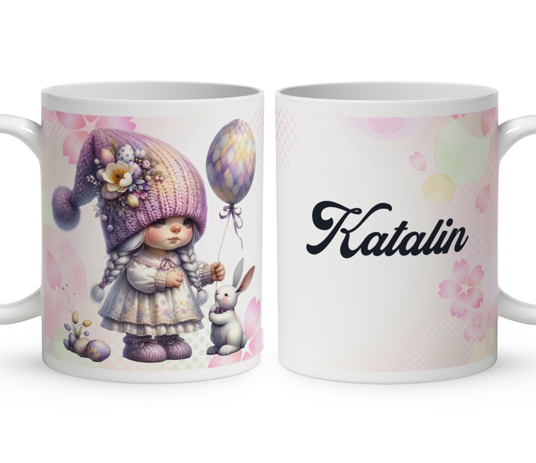 Névvel kérhető - Lufis Húsvéti manólány nyuszival mintás bögre - otthon & életmód - konyhafelszerelés, tálalás - tálalás - bögre & csésze - Meska.hu