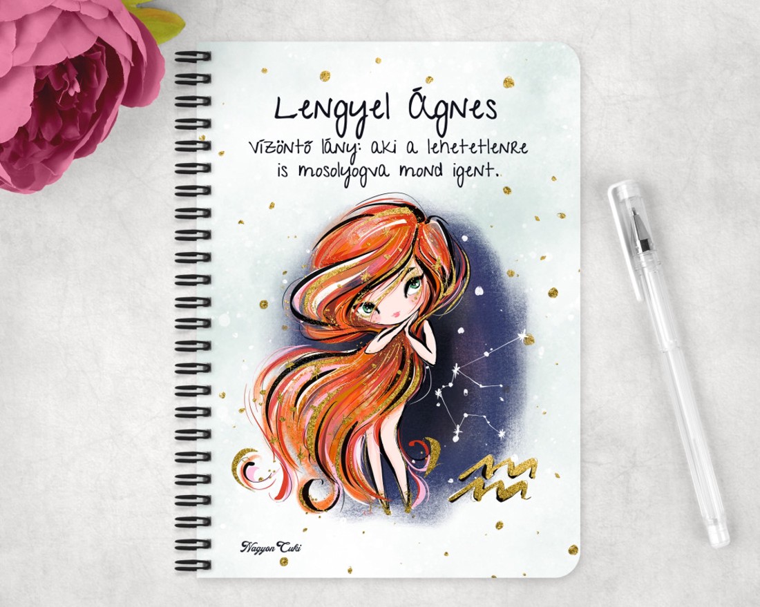 Személyre szabható - Vörös hajú Csini Vízöntő lány mintás A5-ös füzet - otthon & életmód - papír, írószer - jegyzetfüzet & napló - Meska.hu