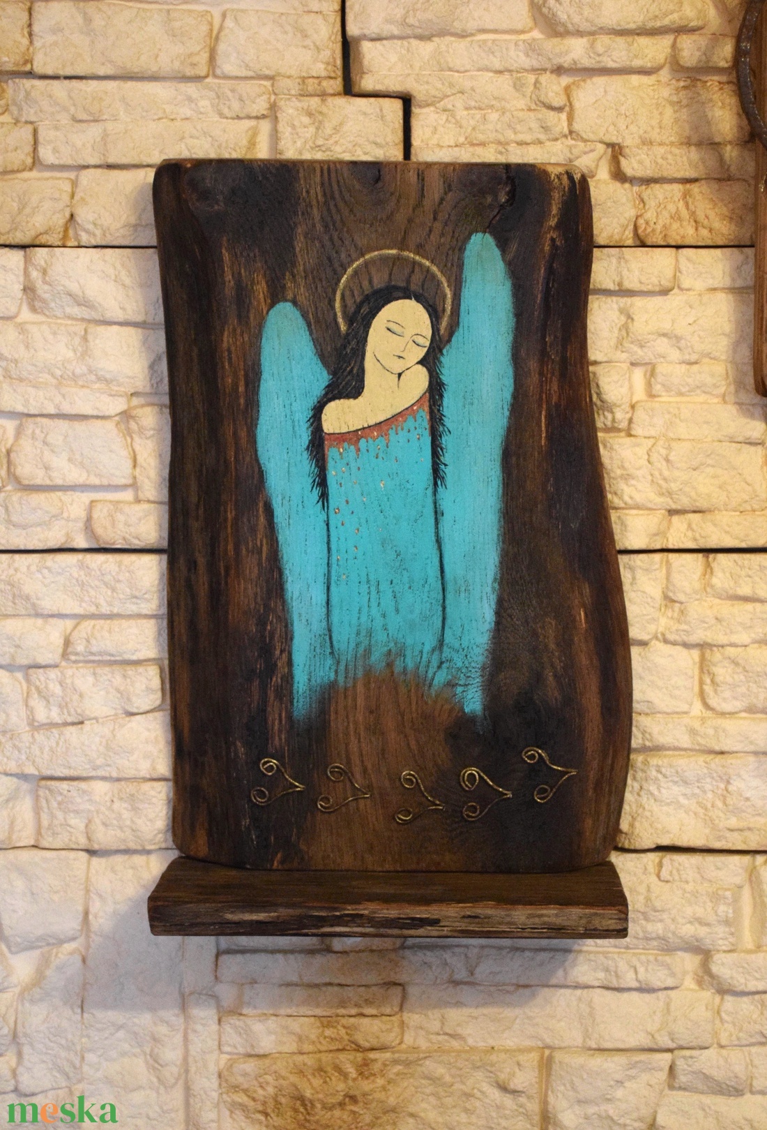 Türkiz angyal mécsestartó - művészet - festmény - akril - Meska.hu