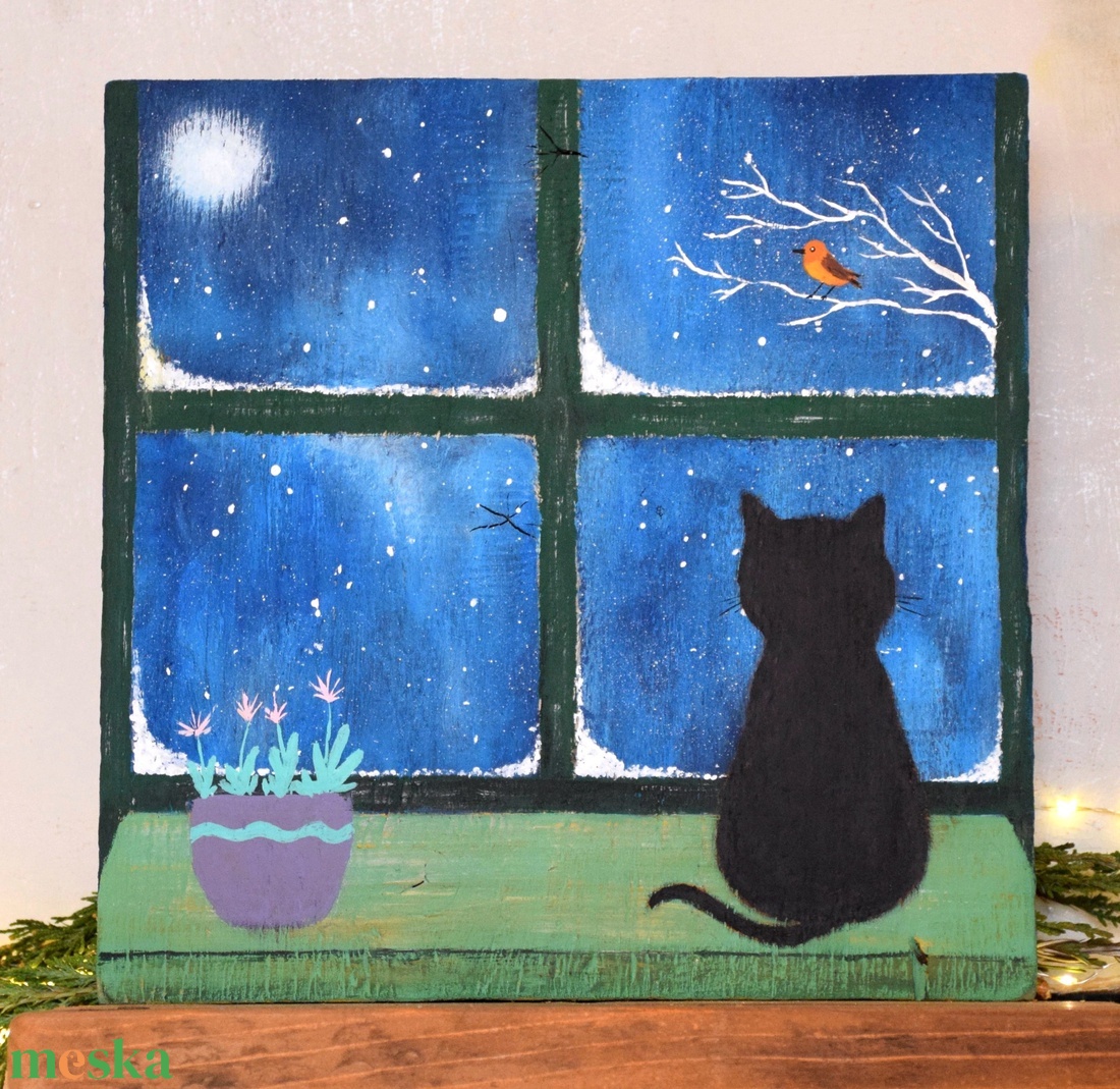 Cica az ablakban - művészet - festmény - akril - Meska.hu