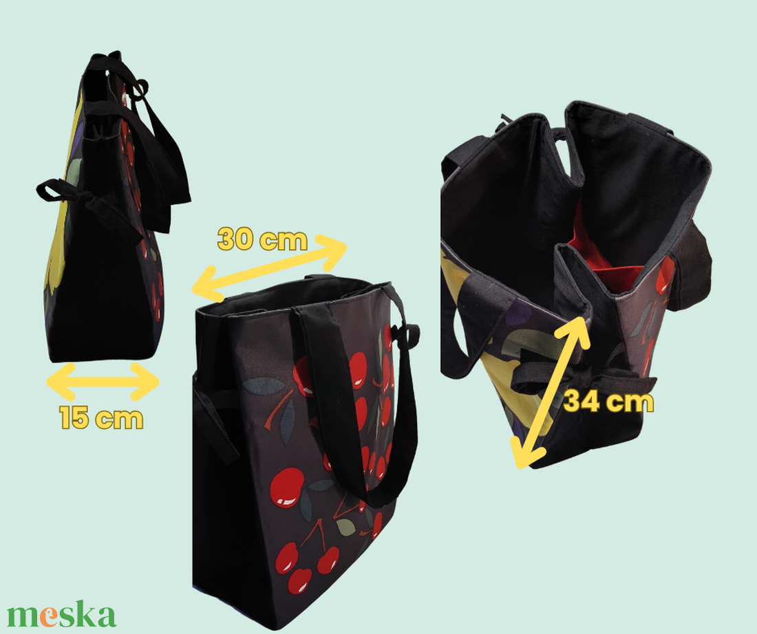 Citromos-cseresznyés nyári vászontáska fekete béléssel, piros belső zsebbel - táska & tok - bevásárlás & shopper táska - shopper, textiltáska, szatyor - Meska.hu