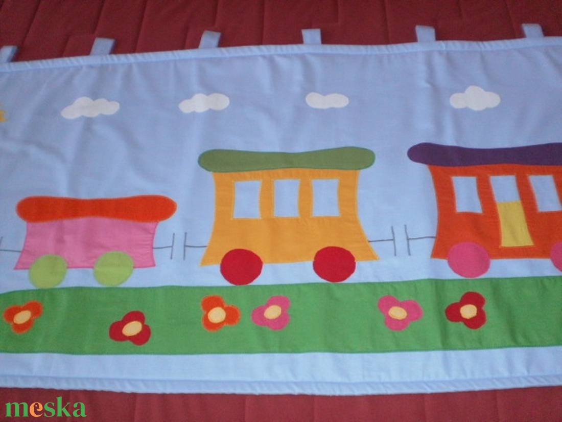 Indul a bakterház...RENDELHETŐ égszínkék vonatos falvédő - baba - mama - babaszoba dekoráció - falvédő gyerekszobába - Meska.hu