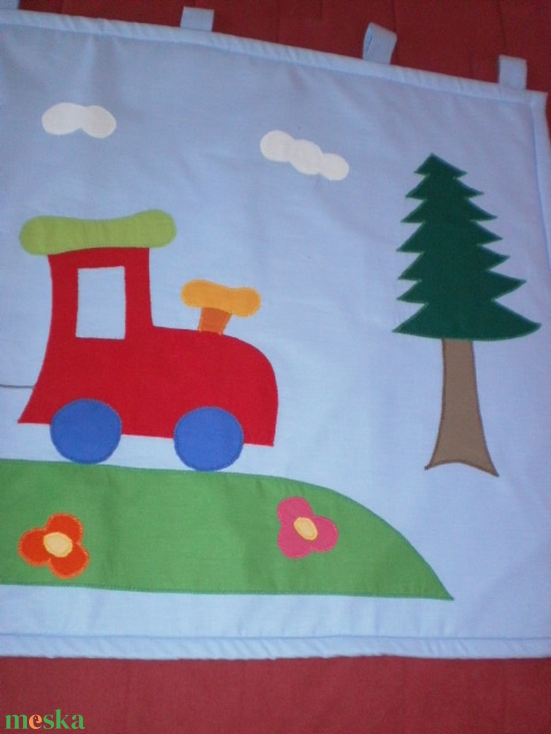 Indul a bakterház...RENDELHETŐ égszínkék vonatos falvédő - baba - mama - babaszoba dekoráció - falvédő gyerekszobába - Meska.hu